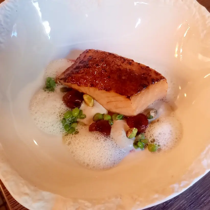 creation thumb for Miso glazed salmon, cherries, sugarsnaps, mint foam, pistage