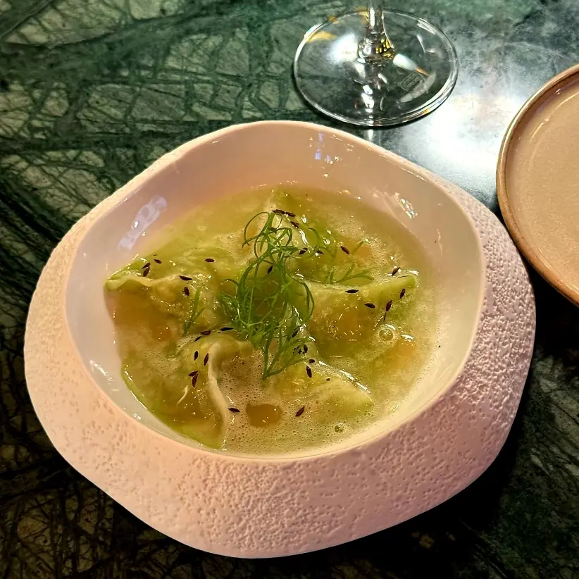 creation thumb for Chayote squash dumplings, norwegian lobster, cucumber broth