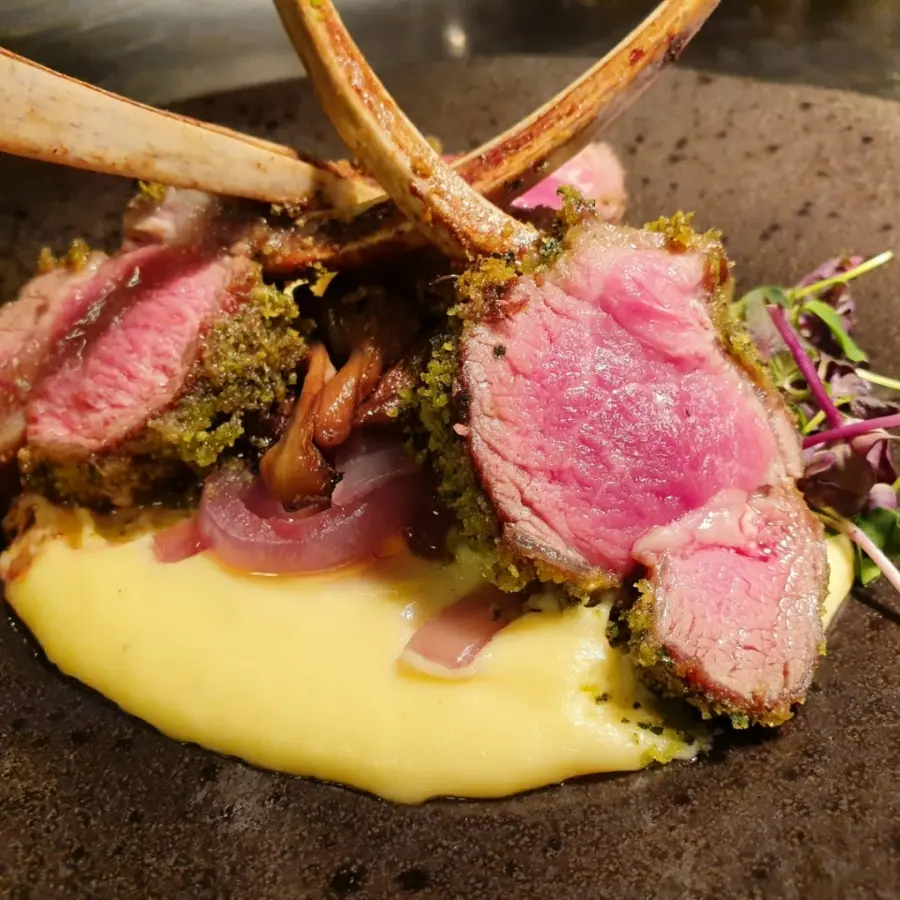 creation thumb for Rack of lamb, herb crust, parsnip mousseline, confit onion, slow cooked mushrooms mix