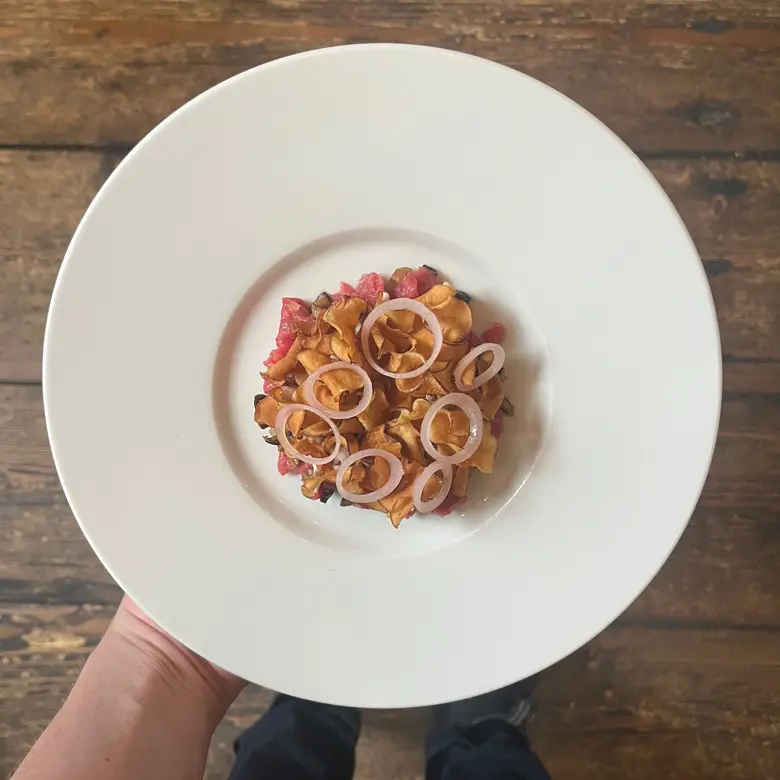 creation thumb for Steak tartare, shiitake, smoked eel mayonnaise & topinambour