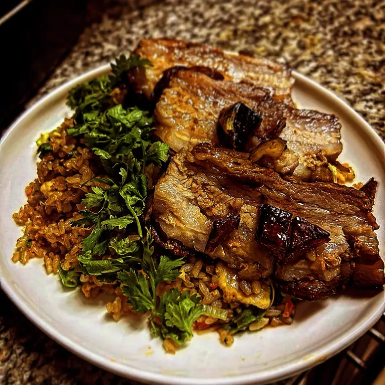 creation thumb for Braised Pork Belly and peruvian fried rice