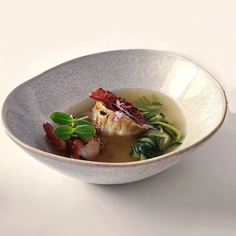creation thumb for Rabbit ramen with chicory, baked pancetta and prosciutto