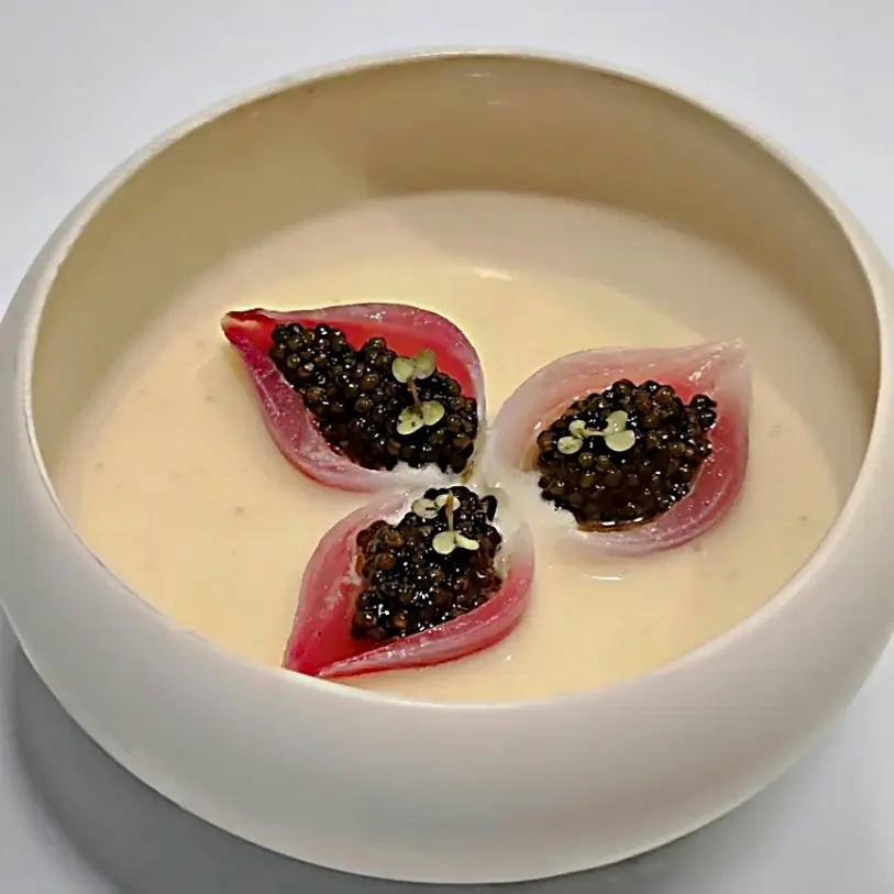 creation thumb for Baccalà Pil Pil Emulsion, Sweet and Sour Onion, Kaspian