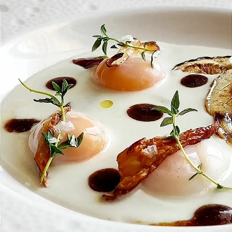 creation thumb for Autumn mushroom fond, quail eggs, gorgonzola and mascarpone