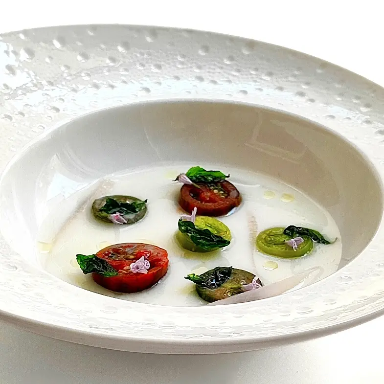 creation thumb for White Melon and Kefir Gazpacho. Marinated Tomatoes and Onion