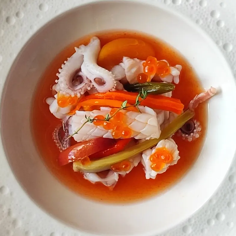 creation thumb for Squid shabu shabu, tomato water, plums and vegetables