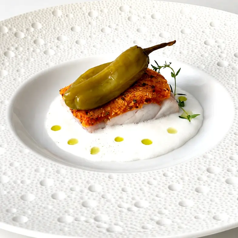 creation thumb for Confit d'Ombre, croûte tomate-olive, poivron doux, burrata