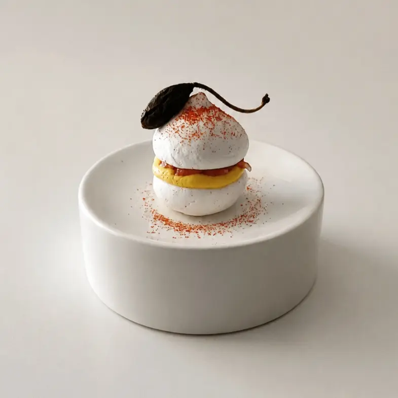 Tomato meringue, saffron mascarpone & red prawn