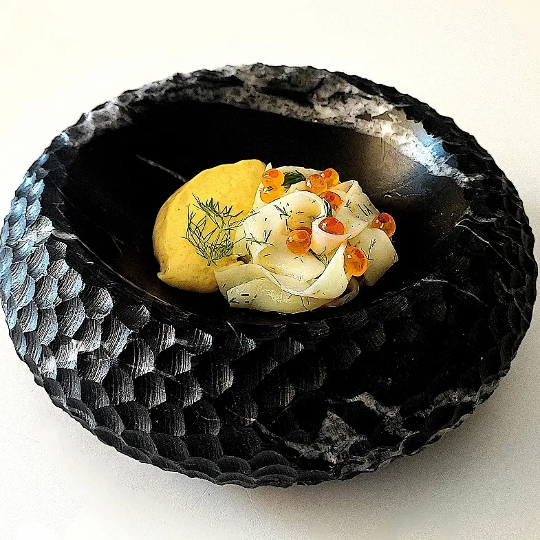 creation thumb for Cuttlefish Tagliatelle, Corn Velouté and salmone roe