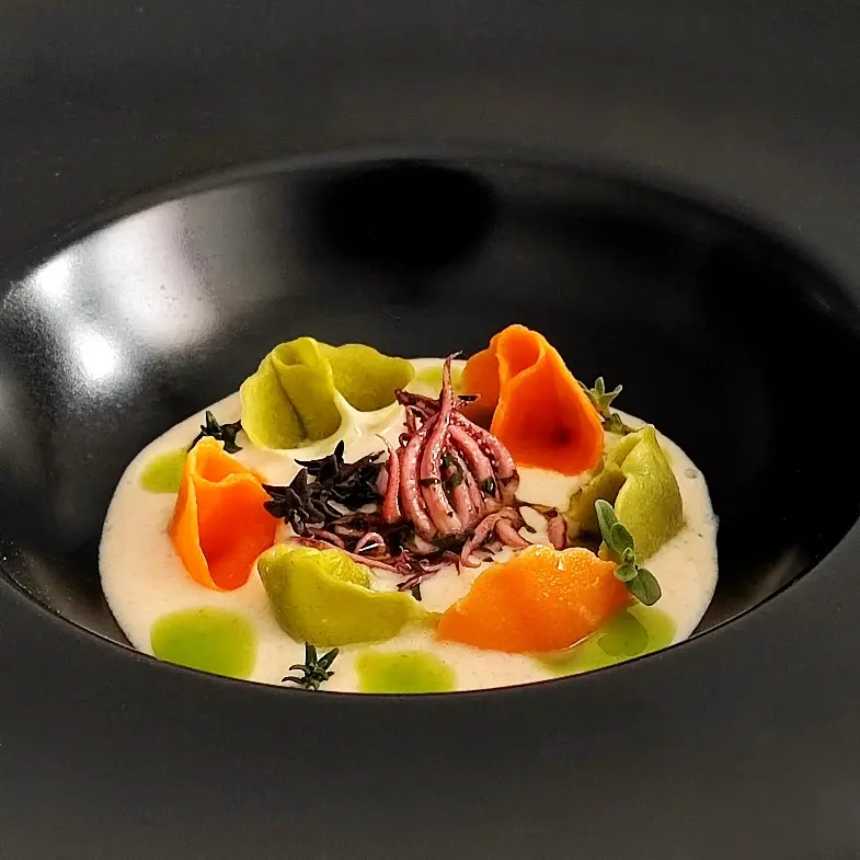 creation thumb for Creamy Roasted Potatoes. Seared Squid Tufts with Parsley Oil