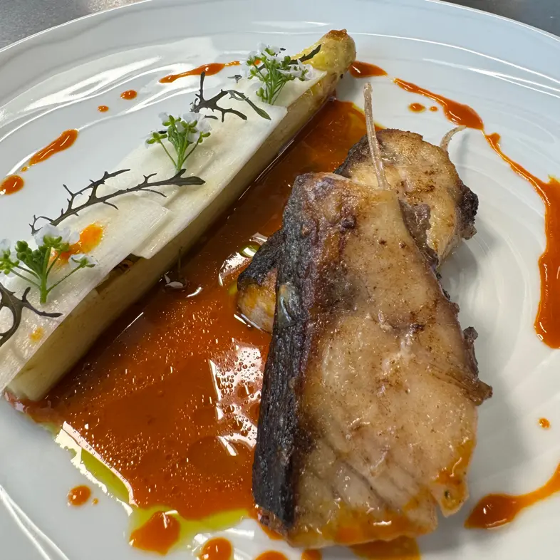creation thumb for Roasted Meagre Chop, Stuffed White Asparagus