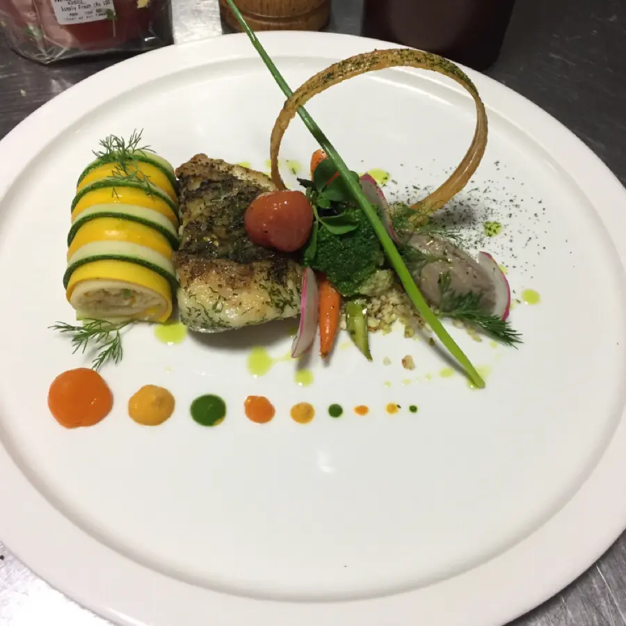 creation thumb for Crispy skin red snapper/squash roll/mushroom pate/veggies 