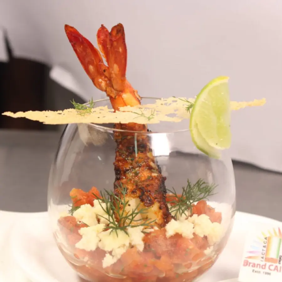 creation thumb for Harissa marinated grilled prawn/fennel scented chilli spiked tomato and feta