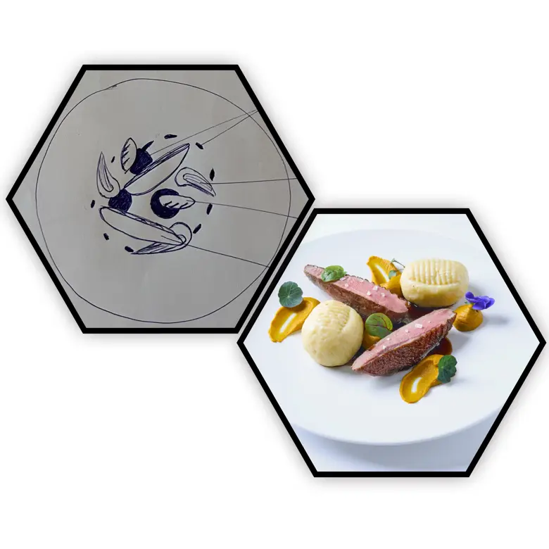 creation thumb for Duck breast , butter gnocchi, vegetable puree, porto sauce
