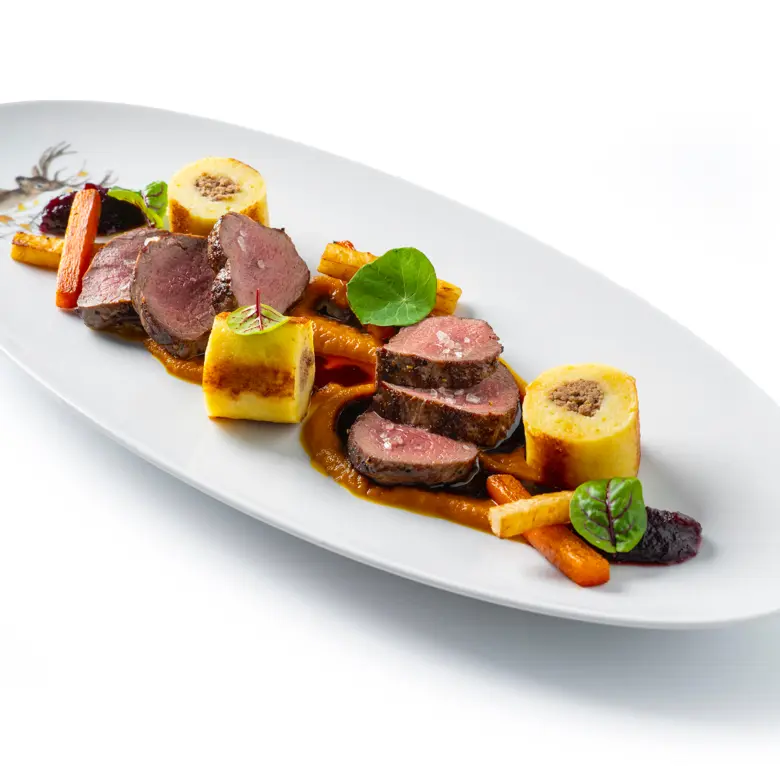 creation thumb for Deer, potatoe dumplings with deer meat, vegetable puree