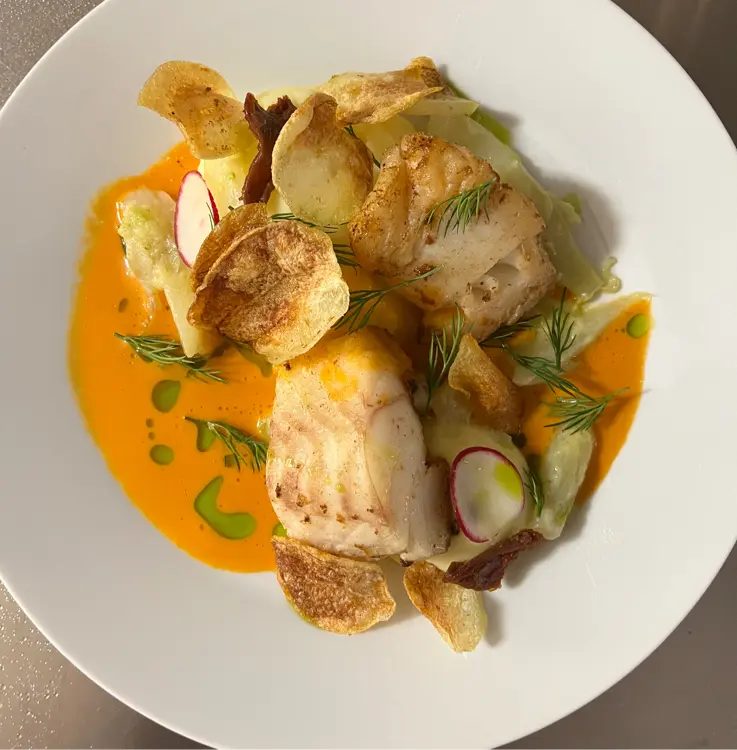 creation thumb for Cod in cherry tomato soup with mash and chips, garnished wit