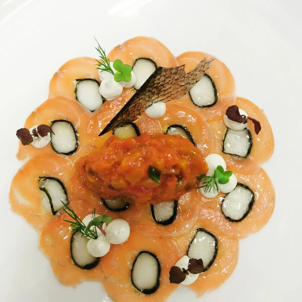 creation thumb for Duett of salmon and monkfish with peperonata and cream fraiche 