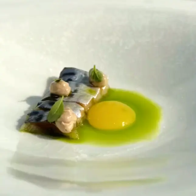 creation thumb for Dehydrated Mackerel, Citrus Gel, Black Garlic Mayo, Fig Oil