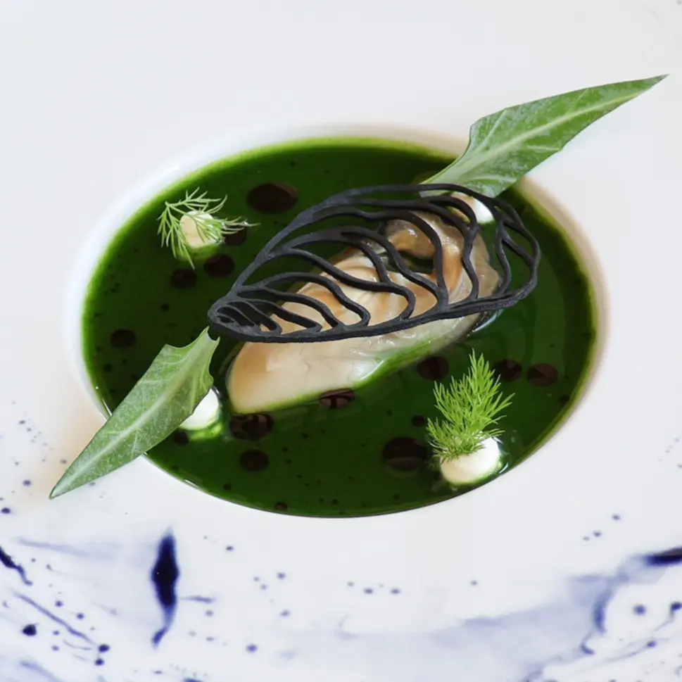 creation thumb for Grilled Oysters /herb sauce / crispy oyster tuille
