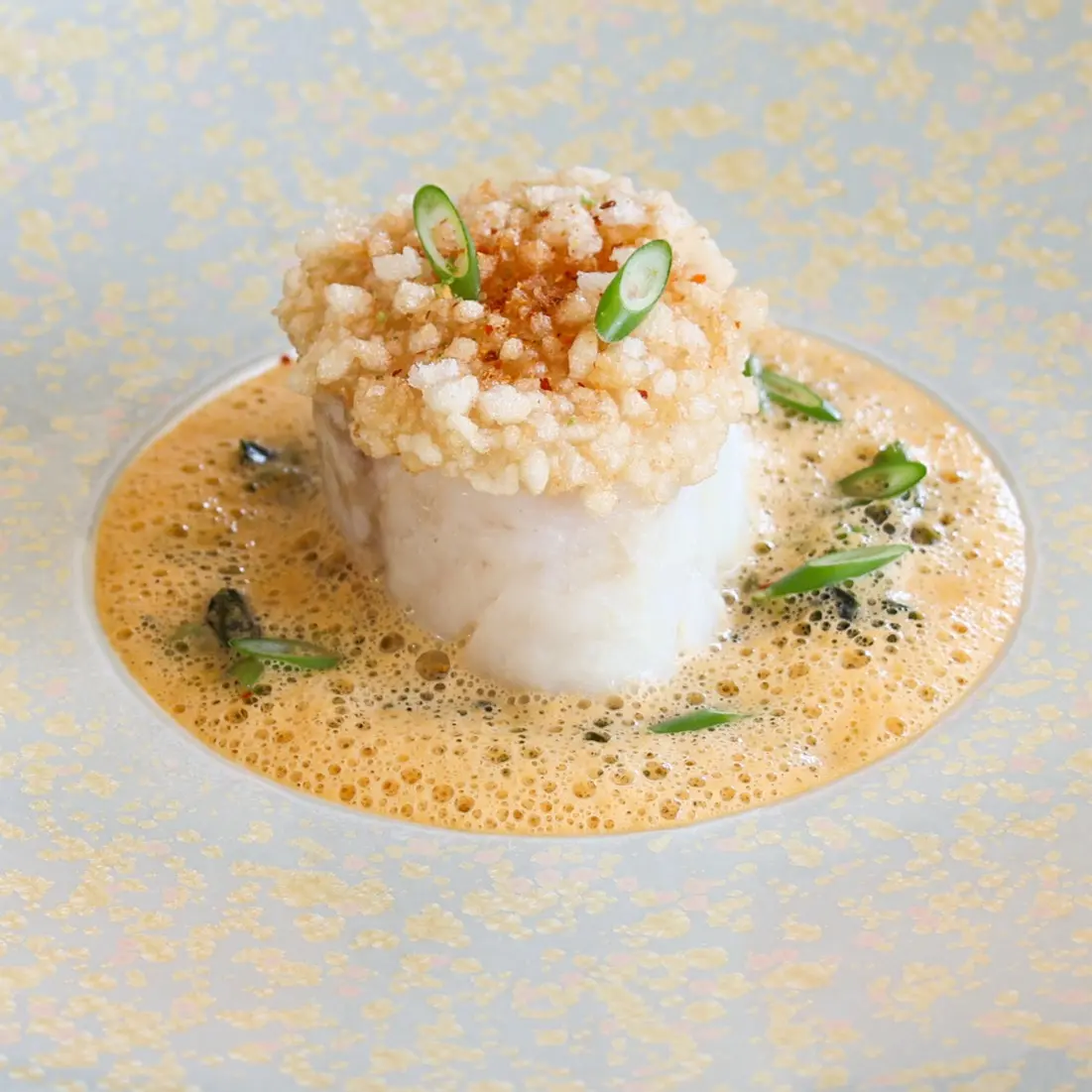creation thumb for Cod / Shrimp Crust / Bisque / Water Spinach