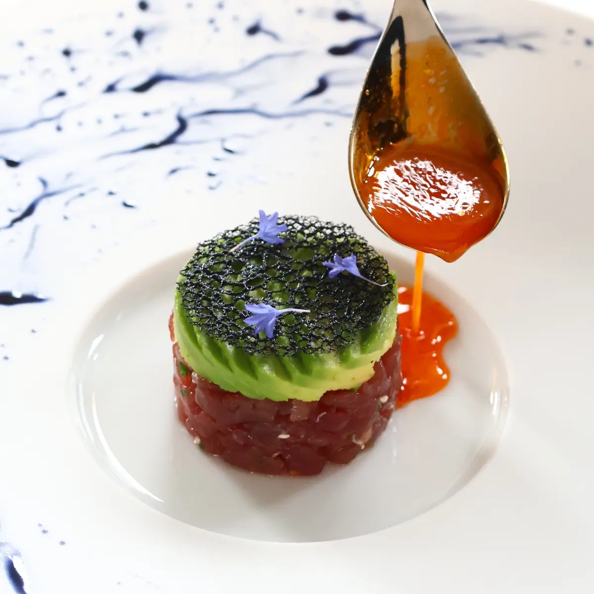 creation thumb for Tuna Tartare with Avocado, Squid Chip & Tomato Broth
