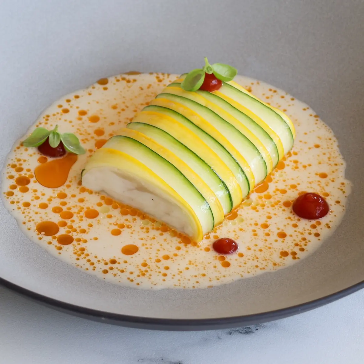 creation thumb for Steamed Turbot in a Zucchini Coat with White Tomato Broth