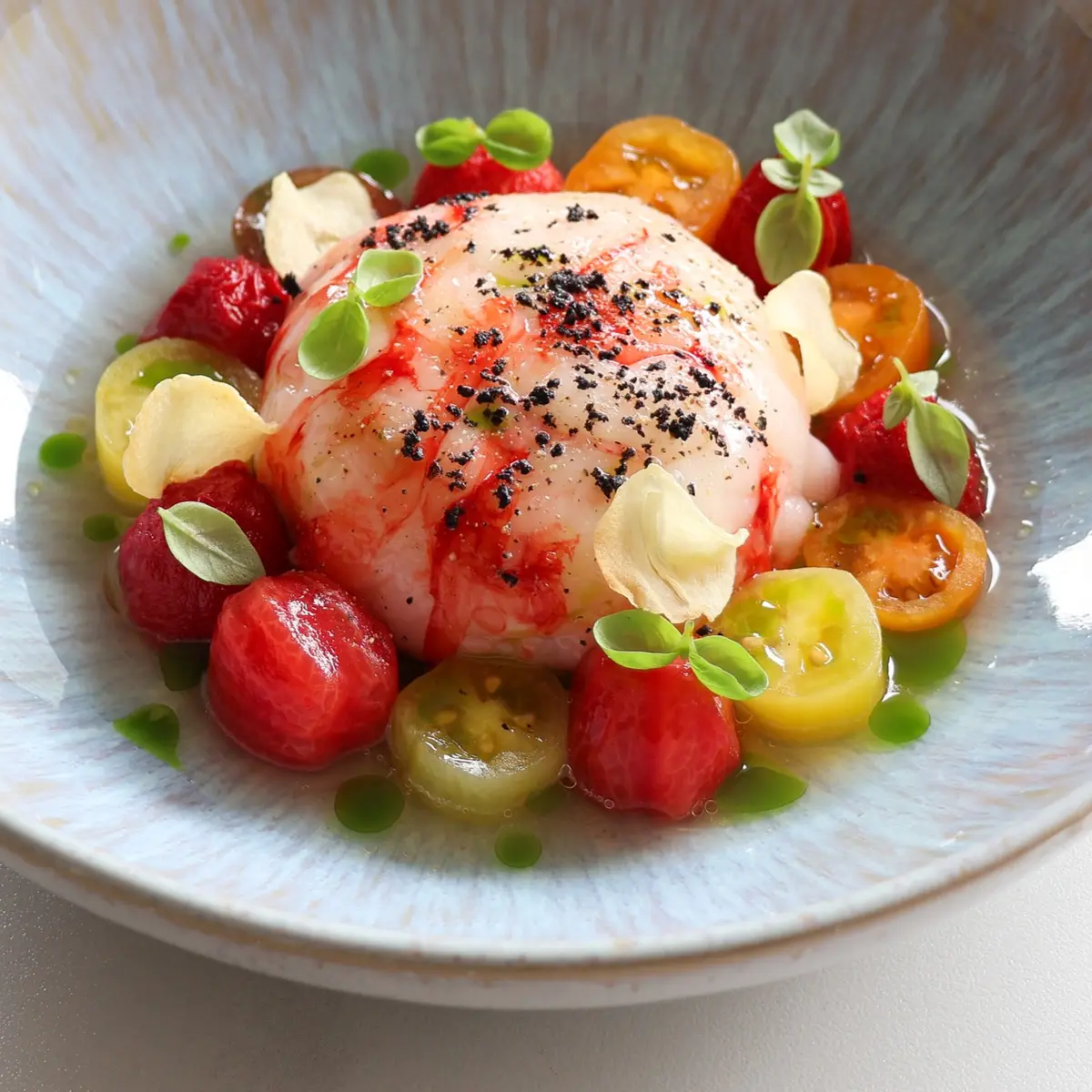 creation thumb for Burrata - carabinero carpaccio coat - colorful tomatoes