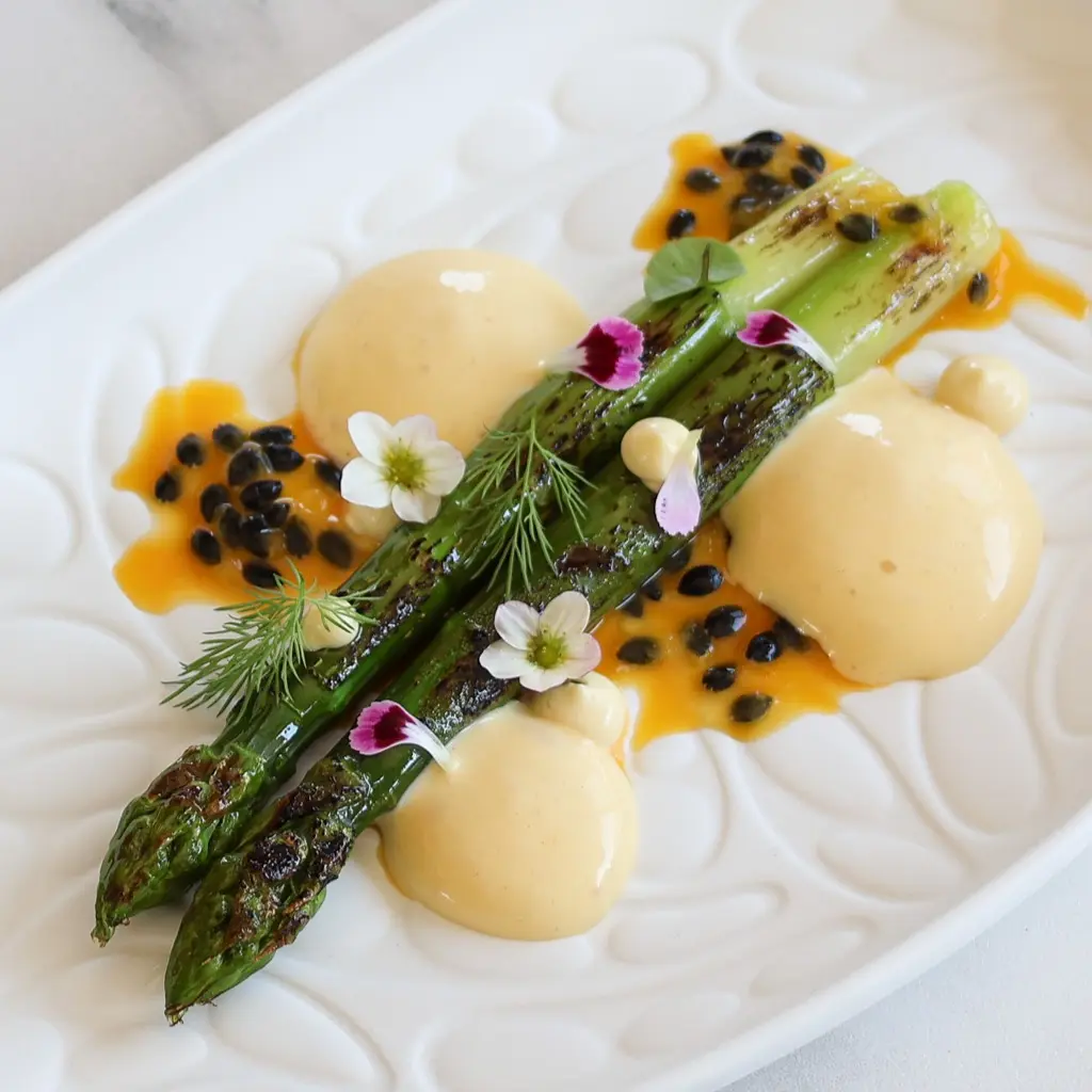 creation thumb for Grilled asparagus / passion fruit mayonnaise /miso - espuma