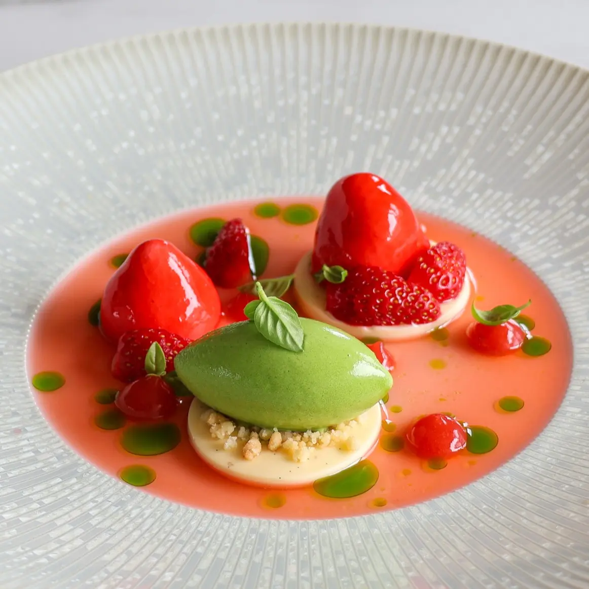 creation thumb for Fake strawberry / white chocolate mousse / basil sorbet 