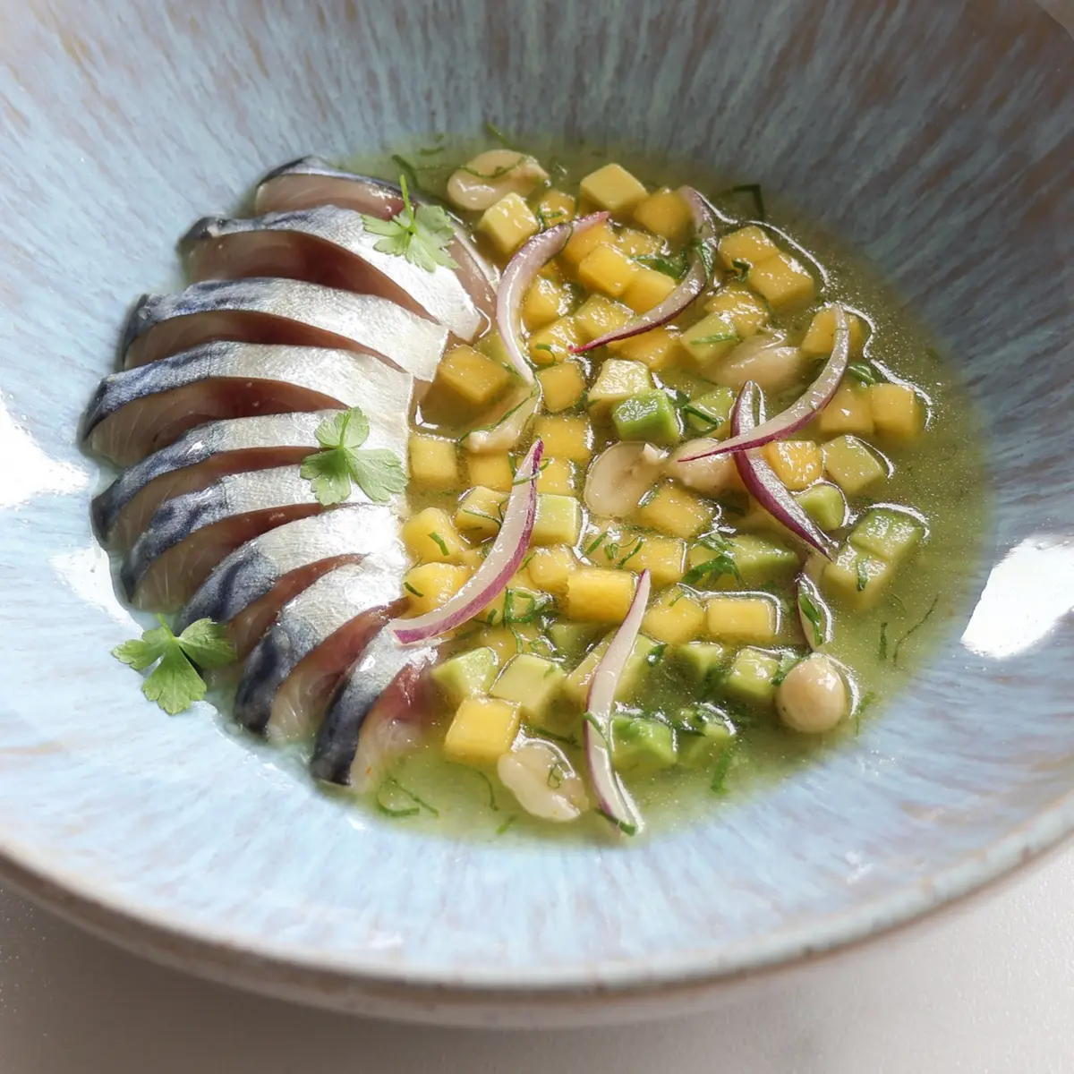 creation thumb for Cured mackerel / Ají Amarillo broth /peanuts 🐟