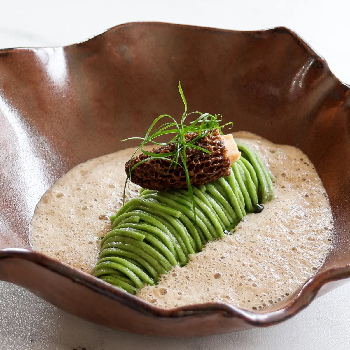 creation thumb for Wild garlic-Tagliolini / Chicken Farce-Stuffed Morel / Foam