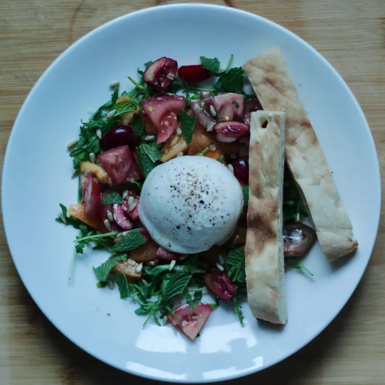 creation thumb for Burrata, Tomatoes, Cherries & Raspberry Emulsion
