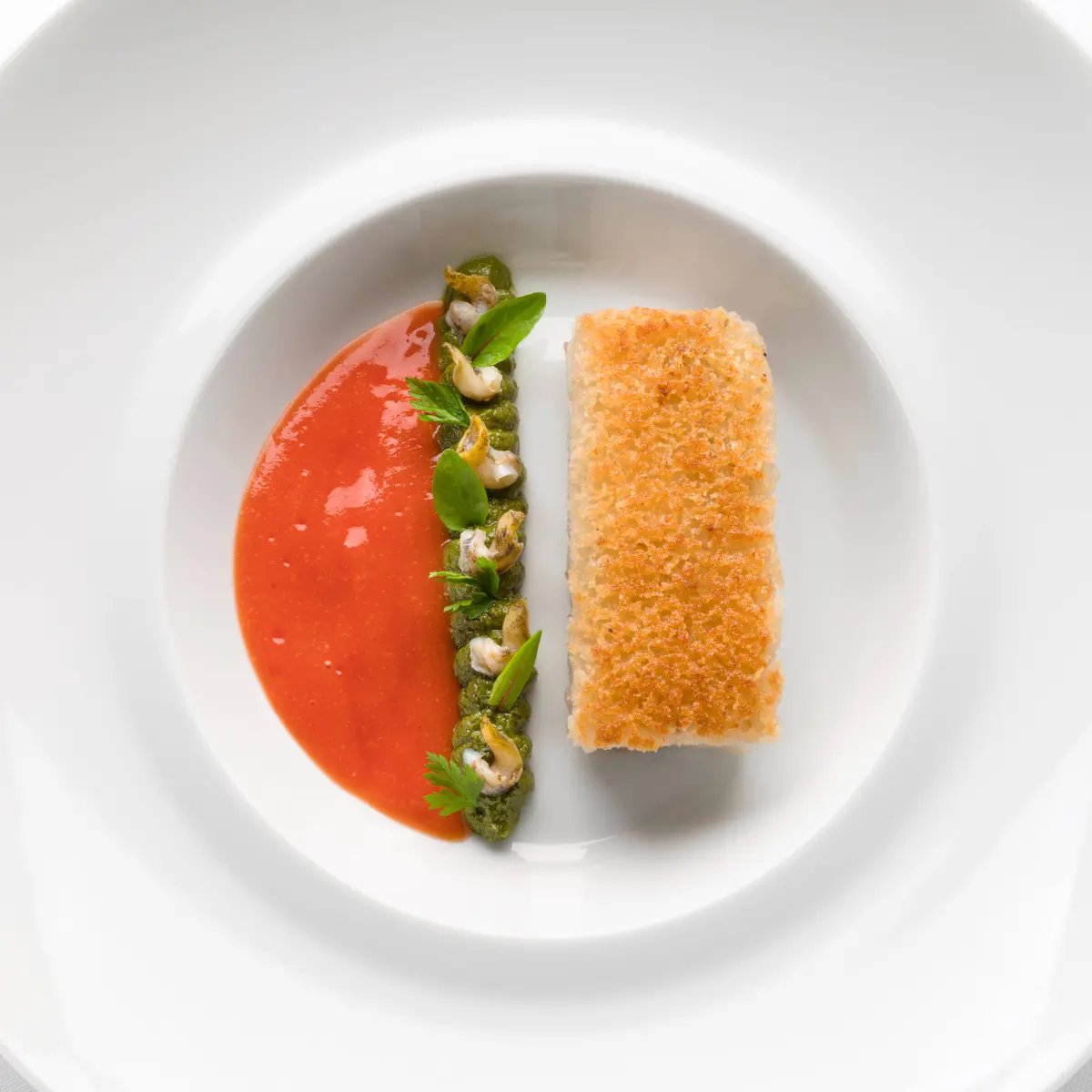 creation thumb for Pargo Rey en Costra de Manteca de Cerdo, Pesto de Hinojo Marino y Salsa de Chile