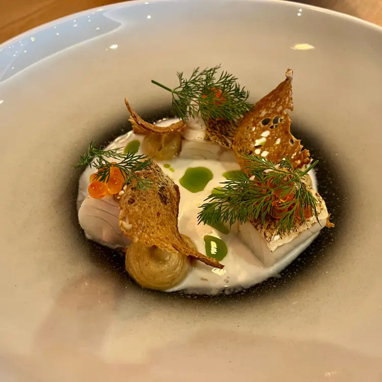 creation thumb for Flambéed Pike-Perch, Bread Cream, Caviar, Coconut Milk Broth, Dill