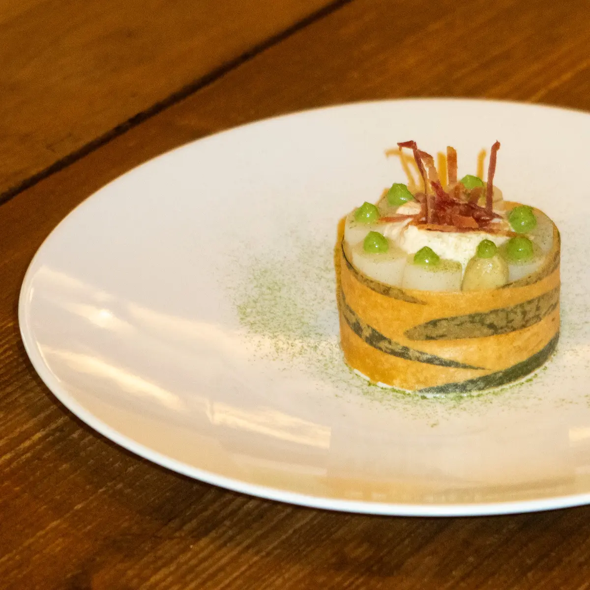 creation thumb for White Asparagus, Dry-cured Ham, Lemon and Almond Cream