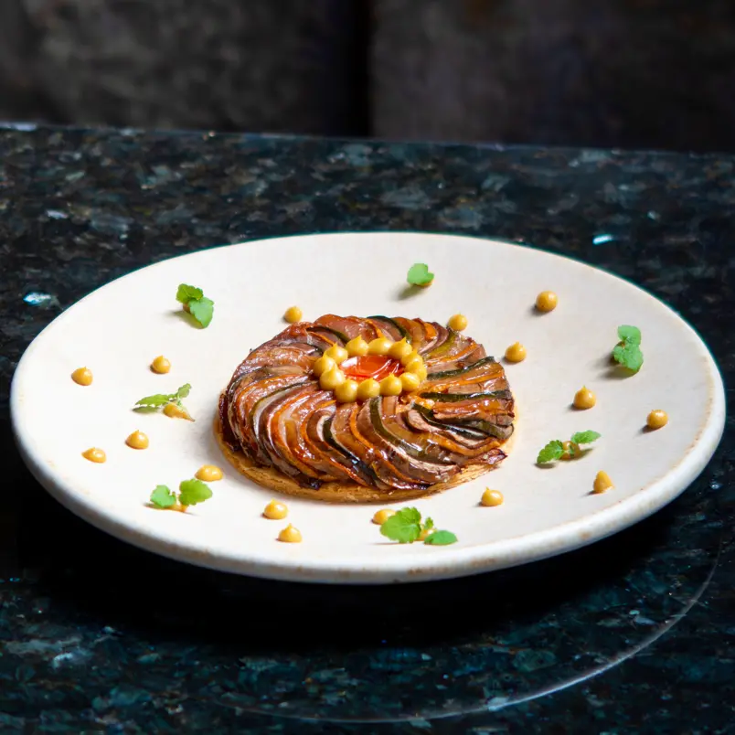 creation thumb for Summer Vegetables Tartelette (Reine Claude Plum Compotée)