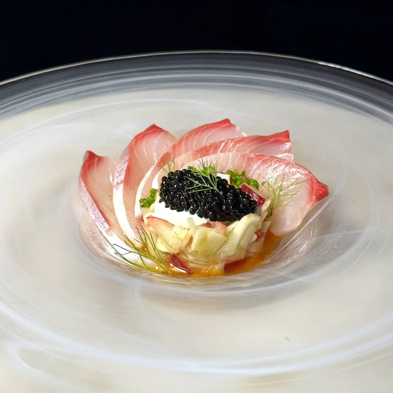 creation thumb for Kingfish Crudo White Peach and Fennel Salad