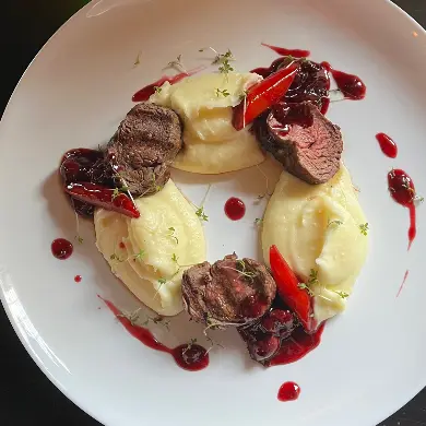 creation thumb for Pork Tenderloin with potato purée and cherry saucec