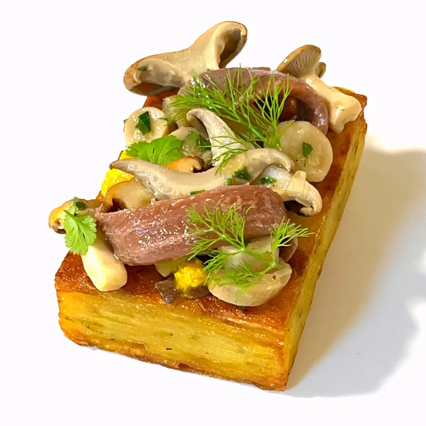 creation thumb for Patato pavè with Trooping funnels, anchovies &mandarini