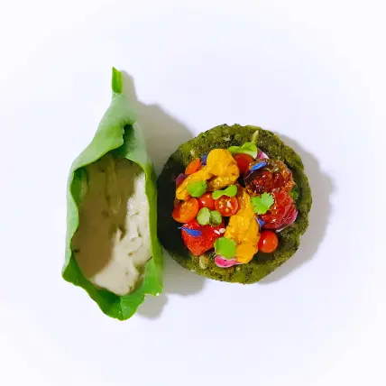 creation thumb for Egyptian falafel with Malabar spinach,🍅 and eggplant dip
