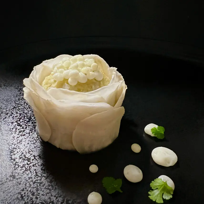 creation thumb for Creamed cod fish Ragno with celery root and albumin pearls