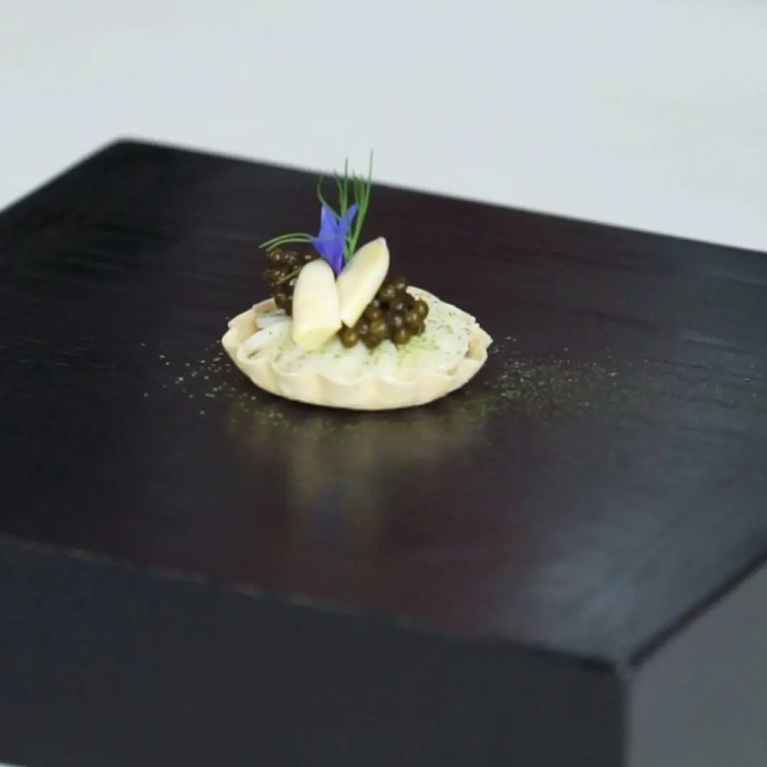 creation thumb for Tartelette, amaranth, cream cheese, tarragon dust, Kaviari Kristal Caviar