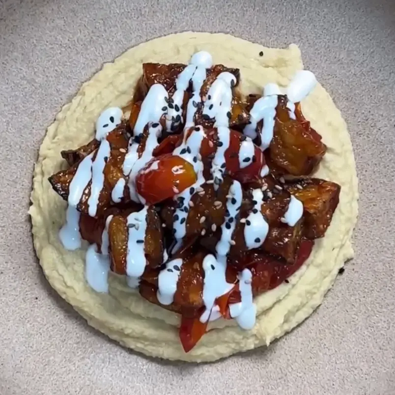 creation thumb for Hummus with Gochujang-Glazed Eggplant & Cherry Tomatoes