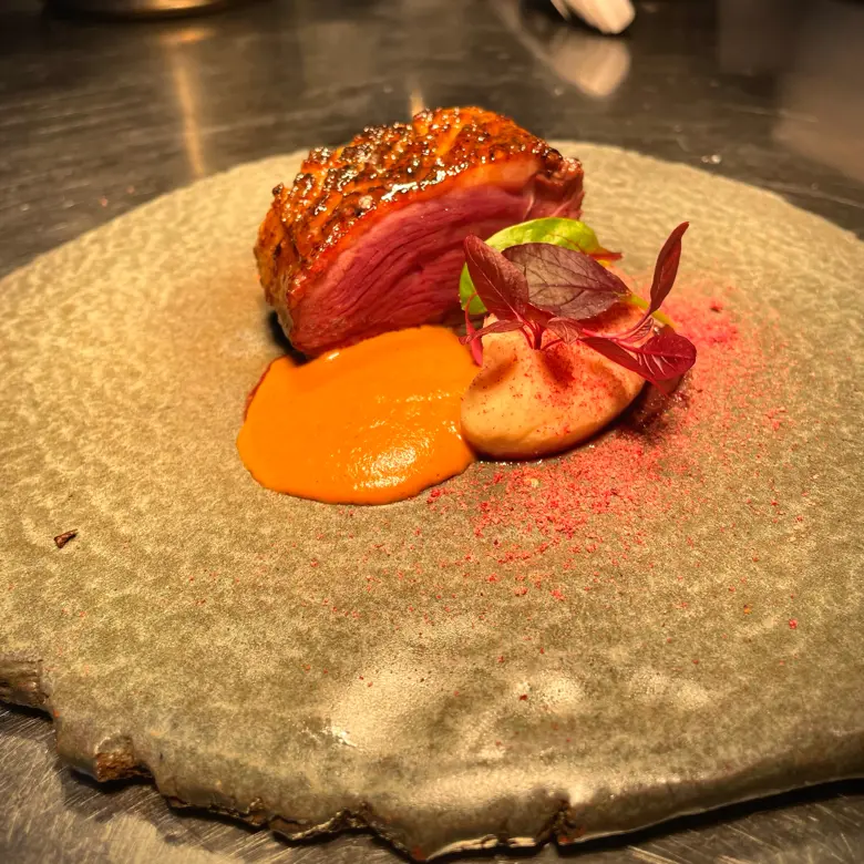 creation thumb for Strawberry mole, celeriac puree and magret. 