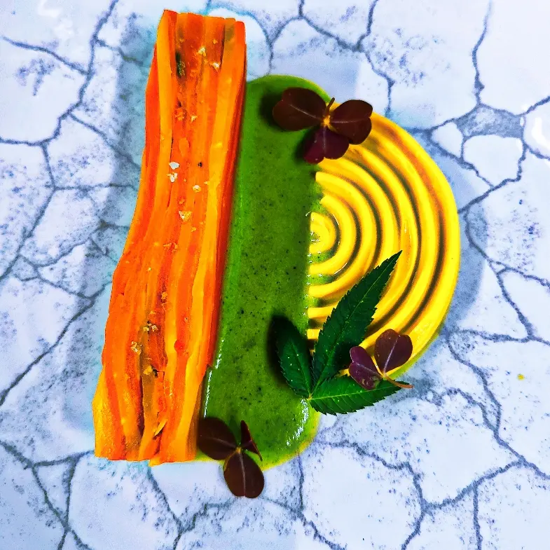 creation thumb for Gepresste Karotte/Karotten-Ingwer-Cremeaux mit Erbsen-Minz-Chili-Coulis