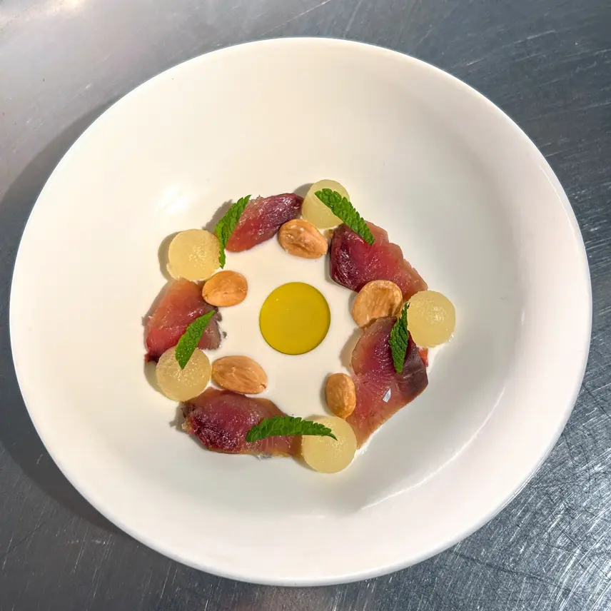 creation thumb for Bonito and Ajo blanco with melon and marcona almond.