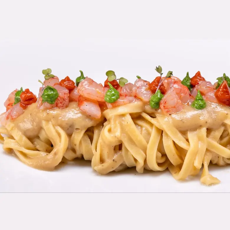creation thumb for Fettuccine ,melanzana, gambero rosso, nduja e pesto di bieta