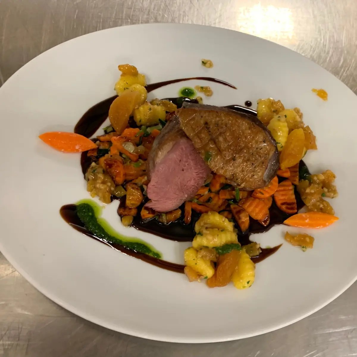 creation thumb for Duck on carrot and leek vegetable with port wine jus and apricot gnocchi