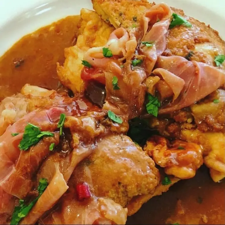 creation thumb for Eggplant and prosciutto, battered chicken cutlets in a cogna