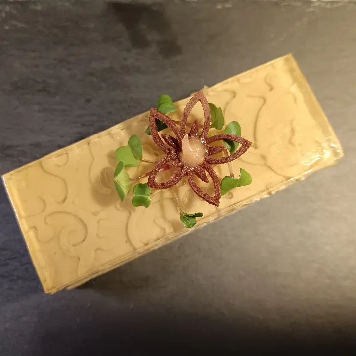 creation thumb for Pate de foie gras,quince, cocoa tuille , muscatel wine aspic